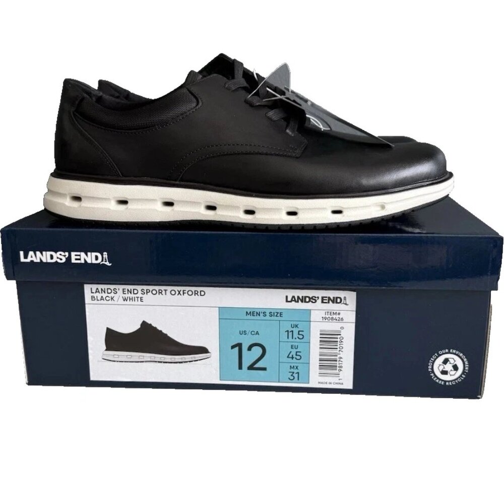 NWT Lands' End Mens Shoes Oxford Derby Black Casual Cushioned Lace-Up Size 12
